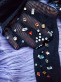 black rhinestone fishnet tights crystal hosiery for rave music festival coachella edc