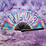 large folding bamboo rave fan purple black with fan-fucking-tastic text