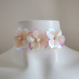 simple floral cute white iridescent elastic choker necklace jewelry for rave