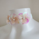 simple floral cute white iridescent elastic choker necklace jewelry for rave