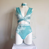 Light Blue Crushed Velvet Wrap Top with Long Sleeves and High Waist Rave Bottoms for Festival Outfit Rave Clothing