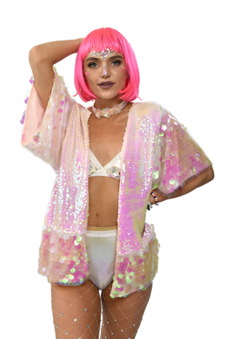 Short Pink Sequin Jacket with Short Sleeves and Iridescent Color