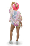 Short Pink Sequin Jacket with Short Sleeves and Iridescent Color for Rave Outfit