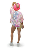 Short Pink Sequin Jacket with Short Sleeves and Iridescent Color for Rave Outfit