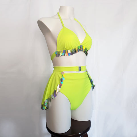eco friendly rave outfit in neon green with recycled sequins 
