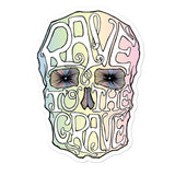 Pastel Rainbow Colored Skull Sticker with Rave to the Grave Text on Vinyl Sticker